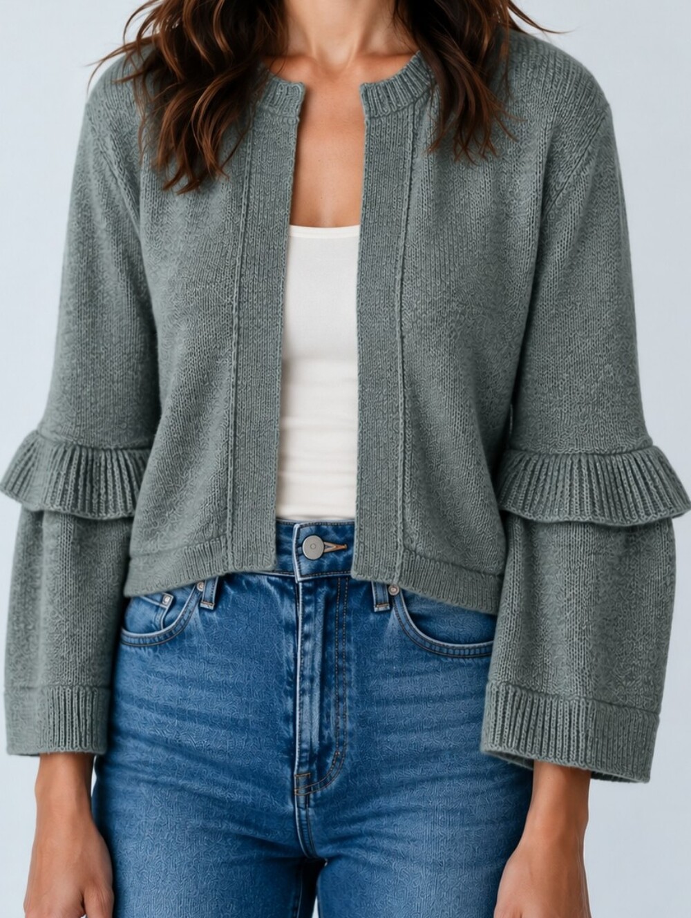 Wooden Ships Lightweight Knit Open Cardigan With Ruffle On Sleeves In Green XS/S
